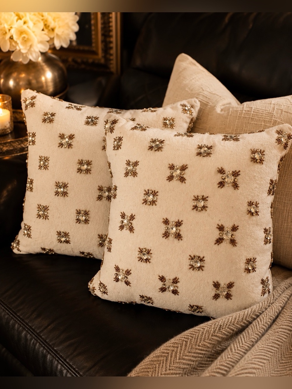 Set of 2 Boutique Cream Gold Beaded Throw Pillows 18x18 NWT Hidden Zipper Linen